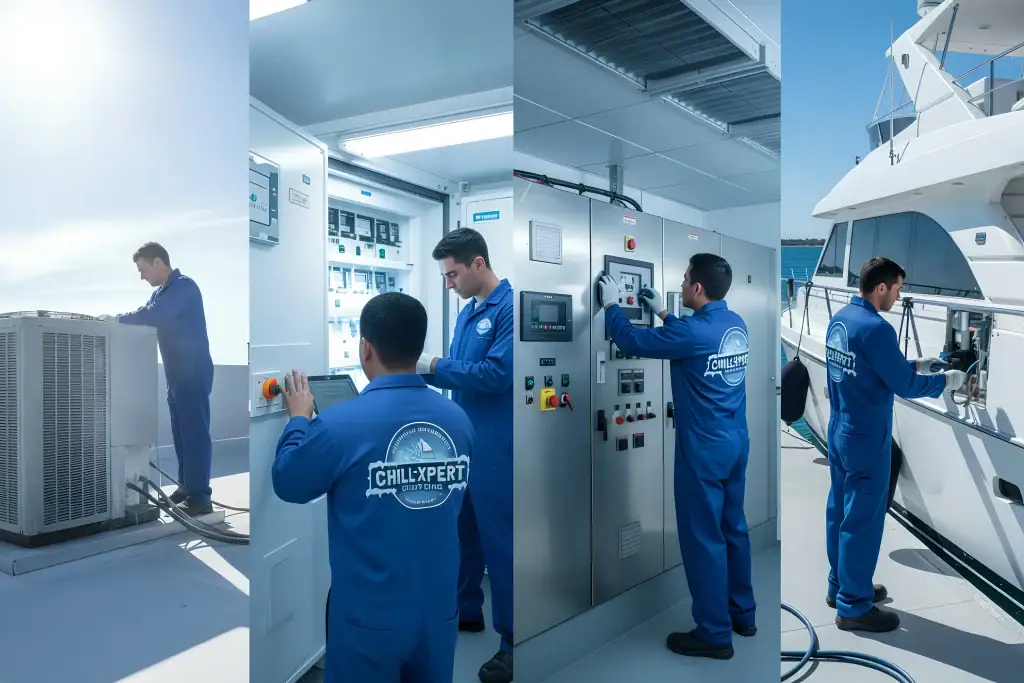 Technicians working on advanced cooling systems on luxury yachts by Chill Xpert Solutions.