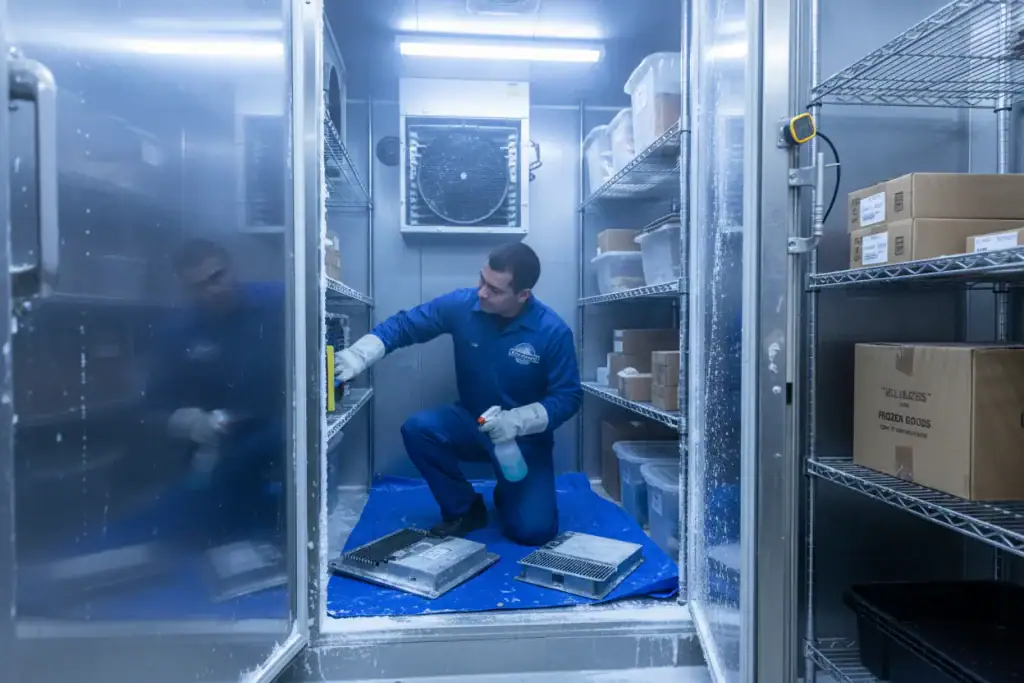 Technician cleaning commercial cooler shelves with spray and scraper for efficient refrigeration.
