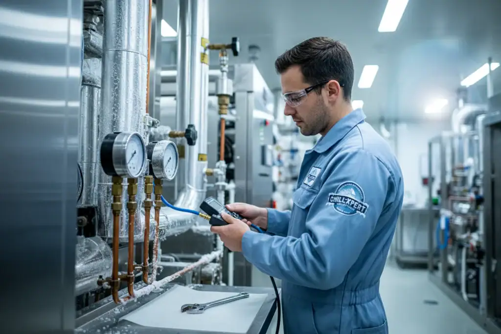 Highly skilled technician performing diagnostic check on industrial cooling systems.