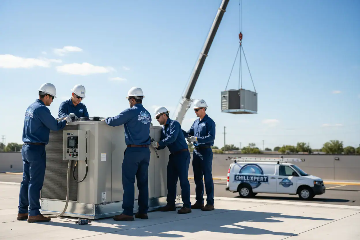 HVAC technicians working on rooftop air conditioning system with Chill Xpert Solutions vehicle in background.
