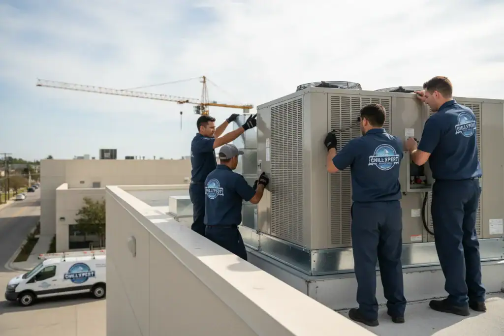 HVAC technicians installing or repairing rooftop HVAC units for commercial properties.