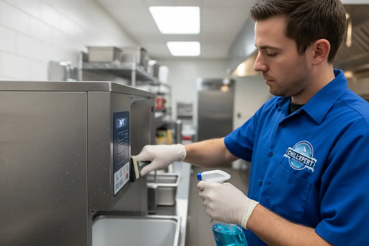 Alt: Technician cleaning commercial dishwasher with a spray bottle in kitchen.