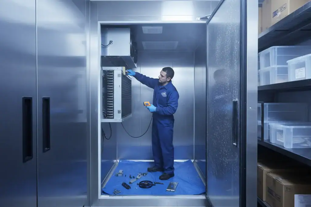 Industrial cooling system maintenance in a high-tech refrigeration unit.