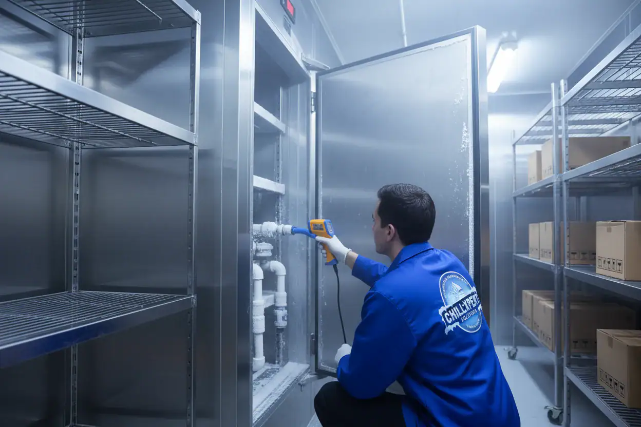 Technician inspecting a large industrial freezer inside a commercial facility in Long Island, NY, ensuring proper cooling performance for Chill Xpert Solutions