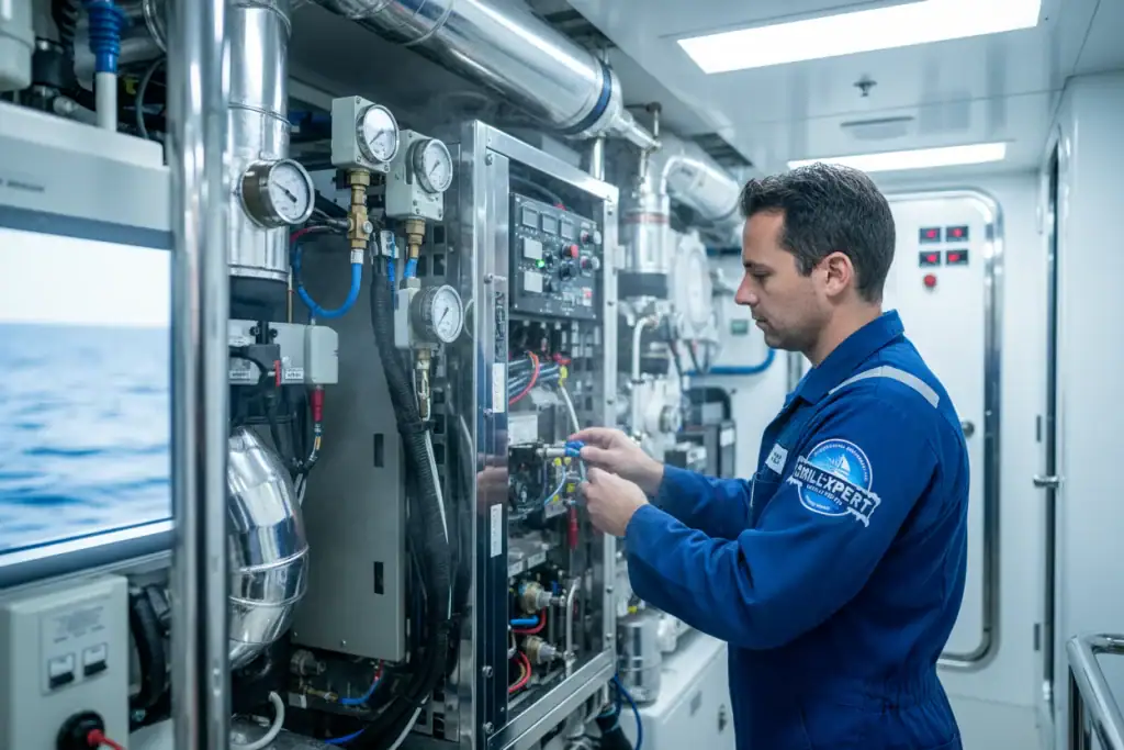 A technician in a blue uniform inspects a rooftop commercial HVAC unit, using a tablet while vapor rises from the equipment during testing.