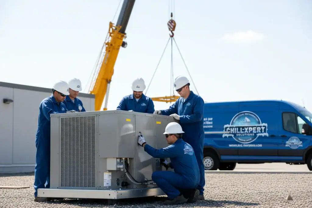 Technicians repairing HVAC system outdoors, professional service.